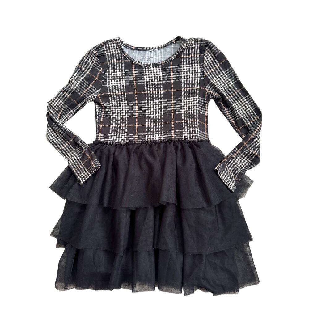 Posh Peanut Sanders Long Sleeve Black/White Plaid Tulle Dress Size 7-8Y